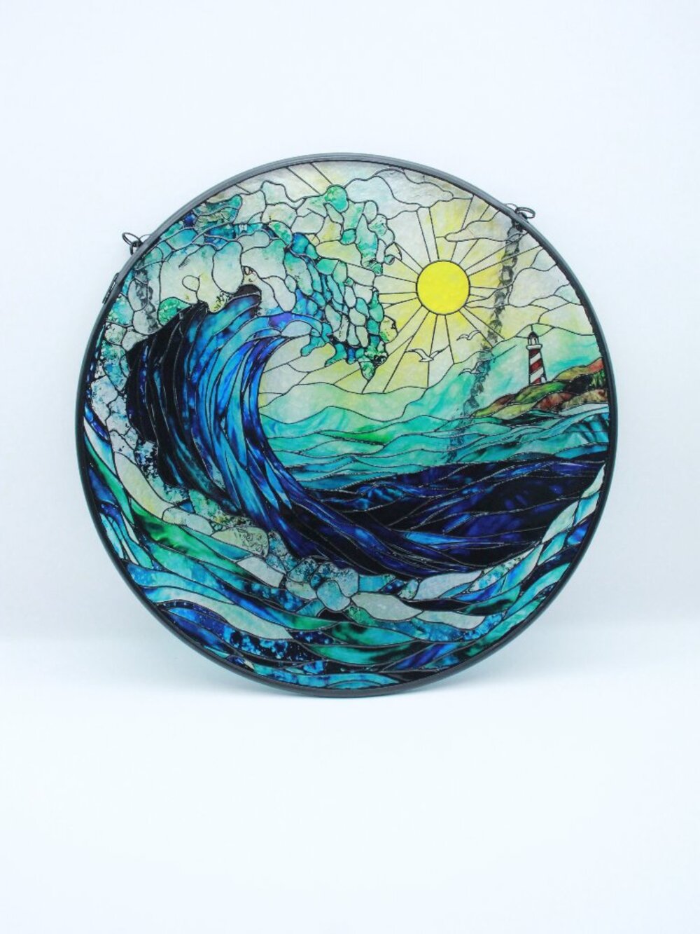 Faux "Stained Glass" Glass Suncatcher Beach Lighthouse
